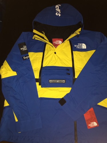 blue and yellow north face jacket