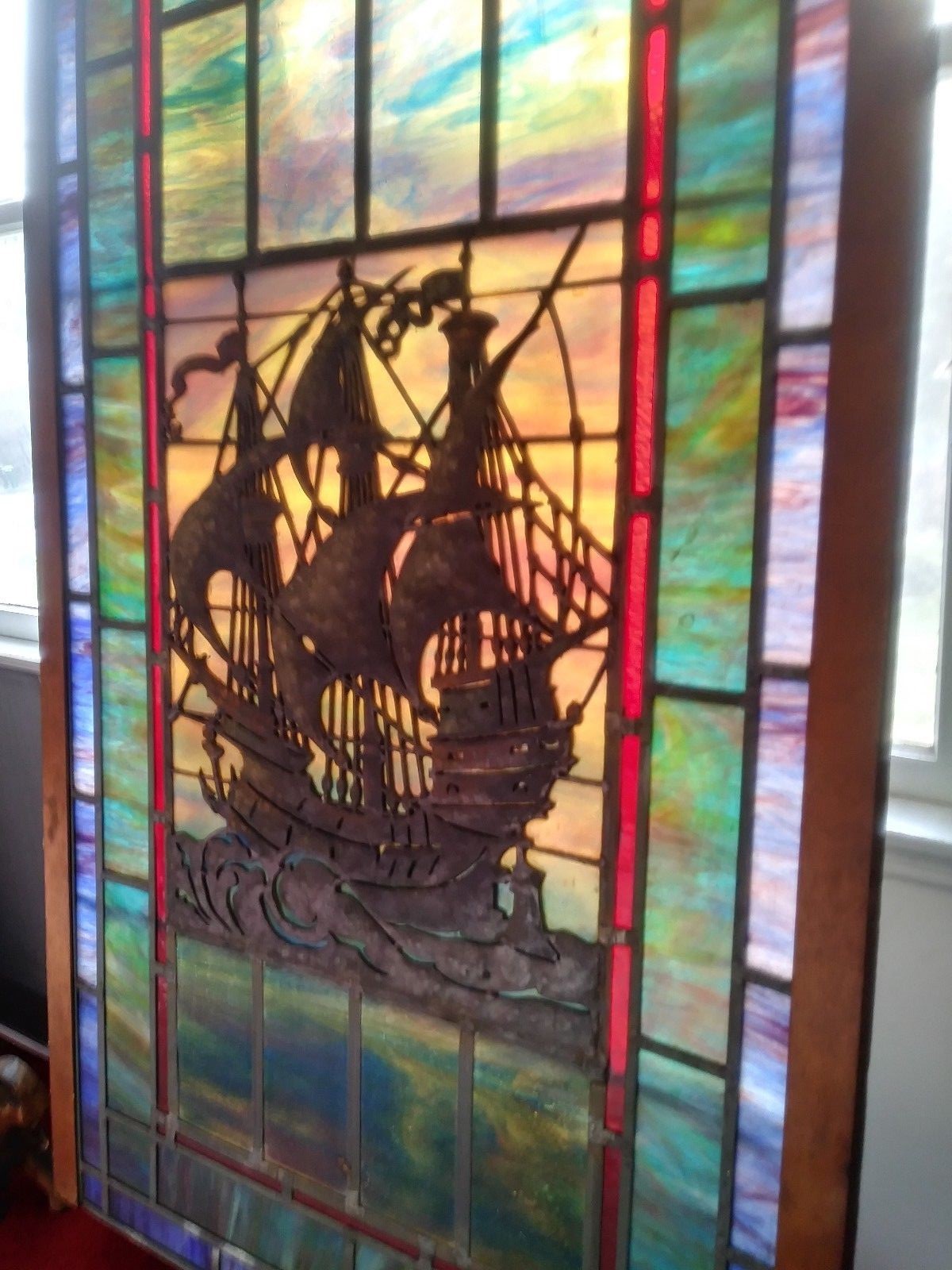 ANTIQUE 19th C. American Victorian stained and leaded GLASS WINDOW LARGE