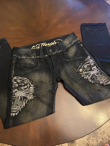 クリスチャンオードジェー ブリング スカル シグネイチャー ウォッシュ 34 ed hardy By Christian Audigier jeans Sz 33x34 Silver Tiger