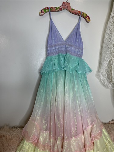 Pre-owned Free People Rococo Sand Emi Long Metallic Ombre Lace Trim Peplum Dress S In Pastels