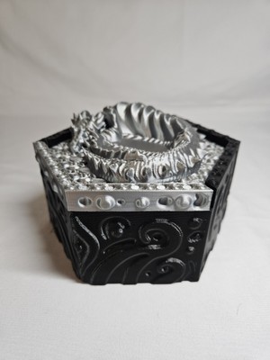 3D Printed Sleeping Dragon Storage Container Black/Silver Stash Box