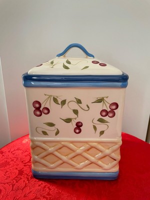 Porcelain Kitchen Storage Jar Lid Cherry Blue Handle Lid Green Leaf Weave patter