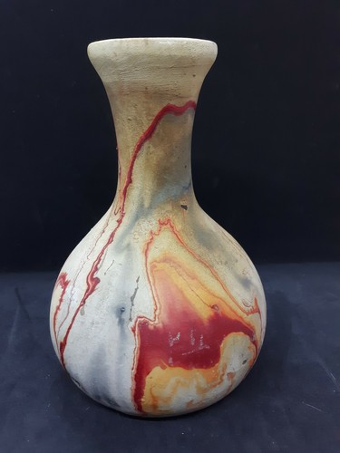 Nemadji Pottery Grey & Red Swirl Vase Stamp USA 6.5