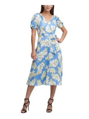 

Женское синее платье миди с вырезом на пуговицах и поясом DKNY Wear To Work Faux Wrap Dress, Синий