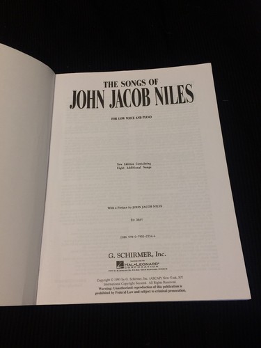 1993 The Songs Of John Jacob Niles Low Voice & Piano New Edition