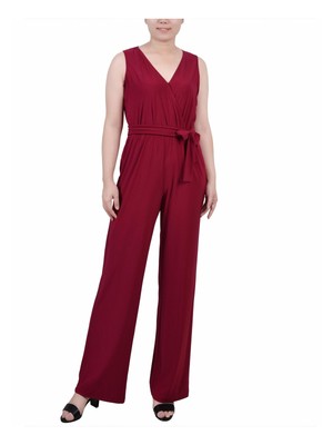 NY COLLECTION Womens Maroon Jersey Pull-on Straight leg Jumpsuit Petites PL