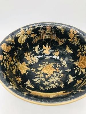 Old Chinese Bowl, Black Painted , Figures on Boat 10 x 5 Wide