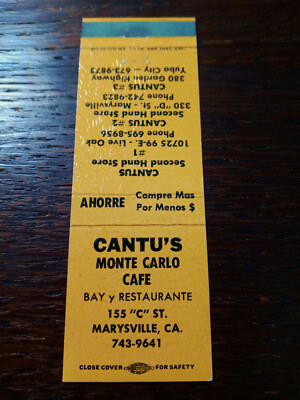 Vintage Matchcover: Cantu's Monte Carlo Cafe, Marysville, CA  86
