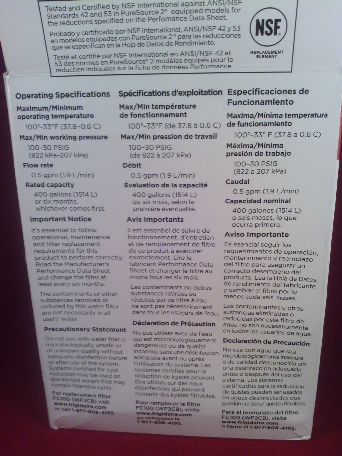 Genuine Frigidaire WF2CB PureSource2 Refrigerator Water Filter FC100 New in box