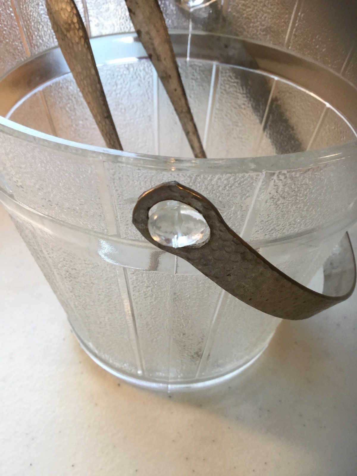 Vintage Glass Ice Bucket with Metal Handle and Tongs Oak Barrel Pattern