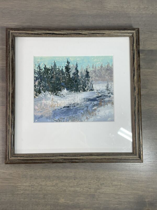 Signed Framed Winter Landscape Oil Painting River Pine Trees Snow