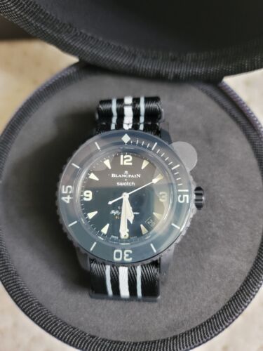 Pre-owned Swatch X Blancpain Bioceramic Black Scuba Fifty Fathoms Ocean Of Storms