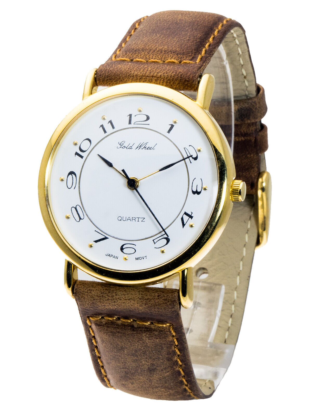 GOLD WHEEL:MENS' BROWN LEATHER BAND ROUND GOLD FINISH CASE GOLD WHEEL:MENS' BROWN LEATHER BAND ROUND GOLD FINISH CASE
