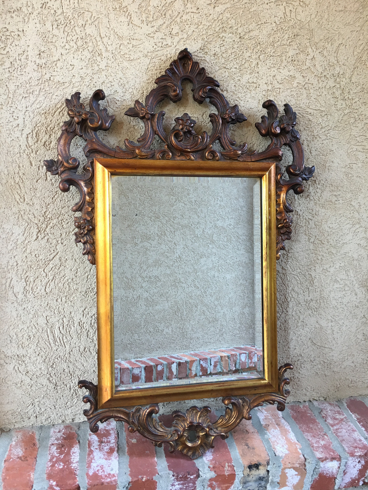 Antique French Carved Oak GOLD GILT Frame Beveled Wall Mirror Louis XV