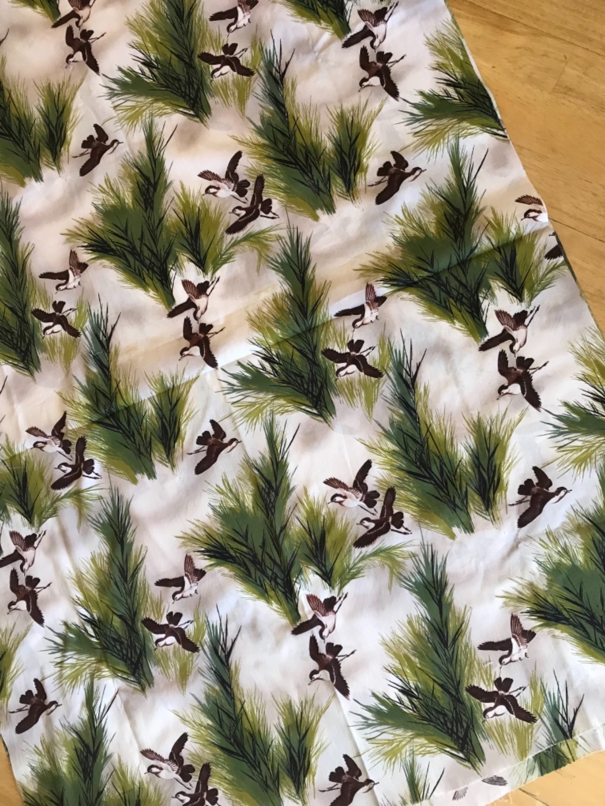 Vintage 1960s Mid-Century Modern Fabric - Green Flowy Trees & Brown Birds - MINT
