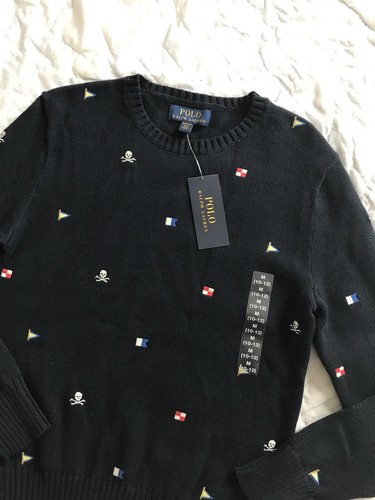 NEW Polo Ralph Lauren Boys Skull And Bones Flag Crew Sweater M Medium 10-12 NWT