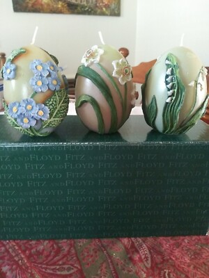 Fitz & Floyd Elegant Eggs Set of 3 Painted Candles Floral Unused With Box