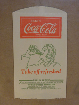 Vintage Coca Cola No Drip Bottle Protector Paper Bag Take Off Refreshed