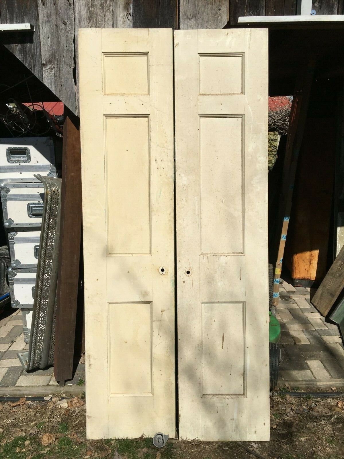 Vintage Pair  Solid Wood Shutter Door Panels Painted 79in x 18in