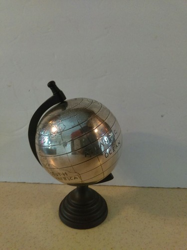 WORLD GLOBE CHROME FINISH ROTATING BROWN  METAL STAND  8.5