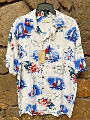 Caribbean Sailboat Print Short SLV Hawaiian Camp Shirt M,L,XL White NWT ST5WC851