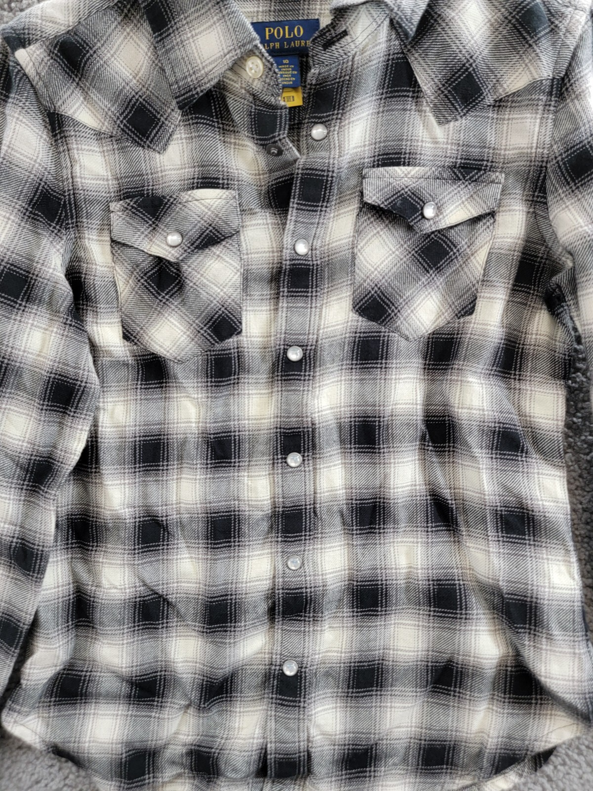 Polo Ralph Lauren Plaid Flannel Western Button Shirt Big Girls 10 Cream/Black - Picture 10 of 20