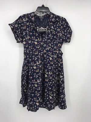 Angie Size Medium M Short Sleeve Button Down Tie Belt Dress Blue Floral NWT