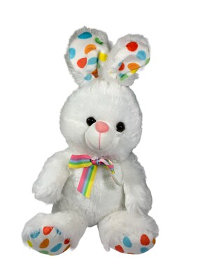 Megatoys White Plush Rabbit Polka dots Rainbow Ribbon 14'' Clean Soft￼