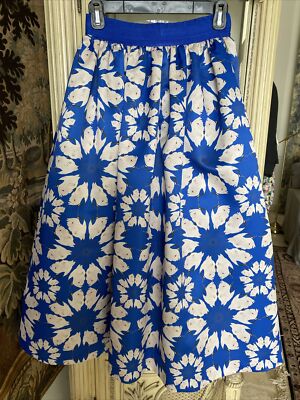 Alice & Olivia By Stacey Bendet Molina Blue Bird Satin  Midi Skirt SZ 0 Pockets