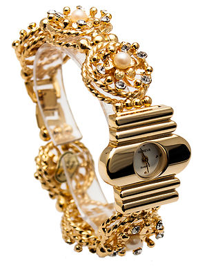 GENEVA:WOMEN'S FULL DIAMOND COLOR STONES/PEARL GOLD FINISH ANALOG QUARTZ WATCH