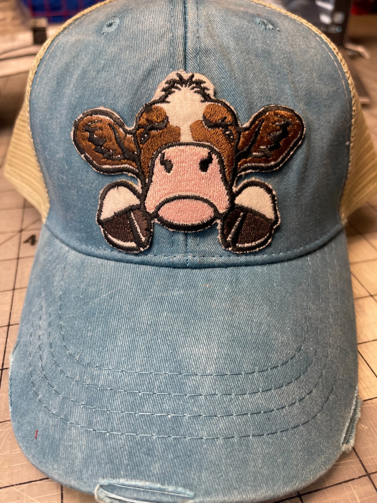 Cow Patch Trucker Baseball Hat Snap Back Blue Farm country 