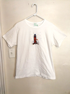 Quacker Factory Womens Blouse L Shirt White Lighthouse Short Sleeve Made USA Vtg
