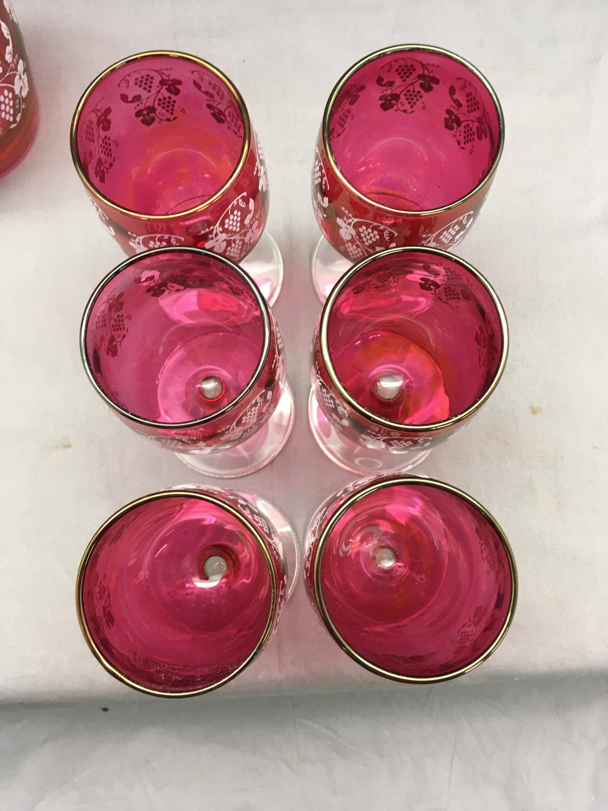 1940's Cranberry Flash Decanter Set 6 Wines Goblets Grape Clusters Stopper