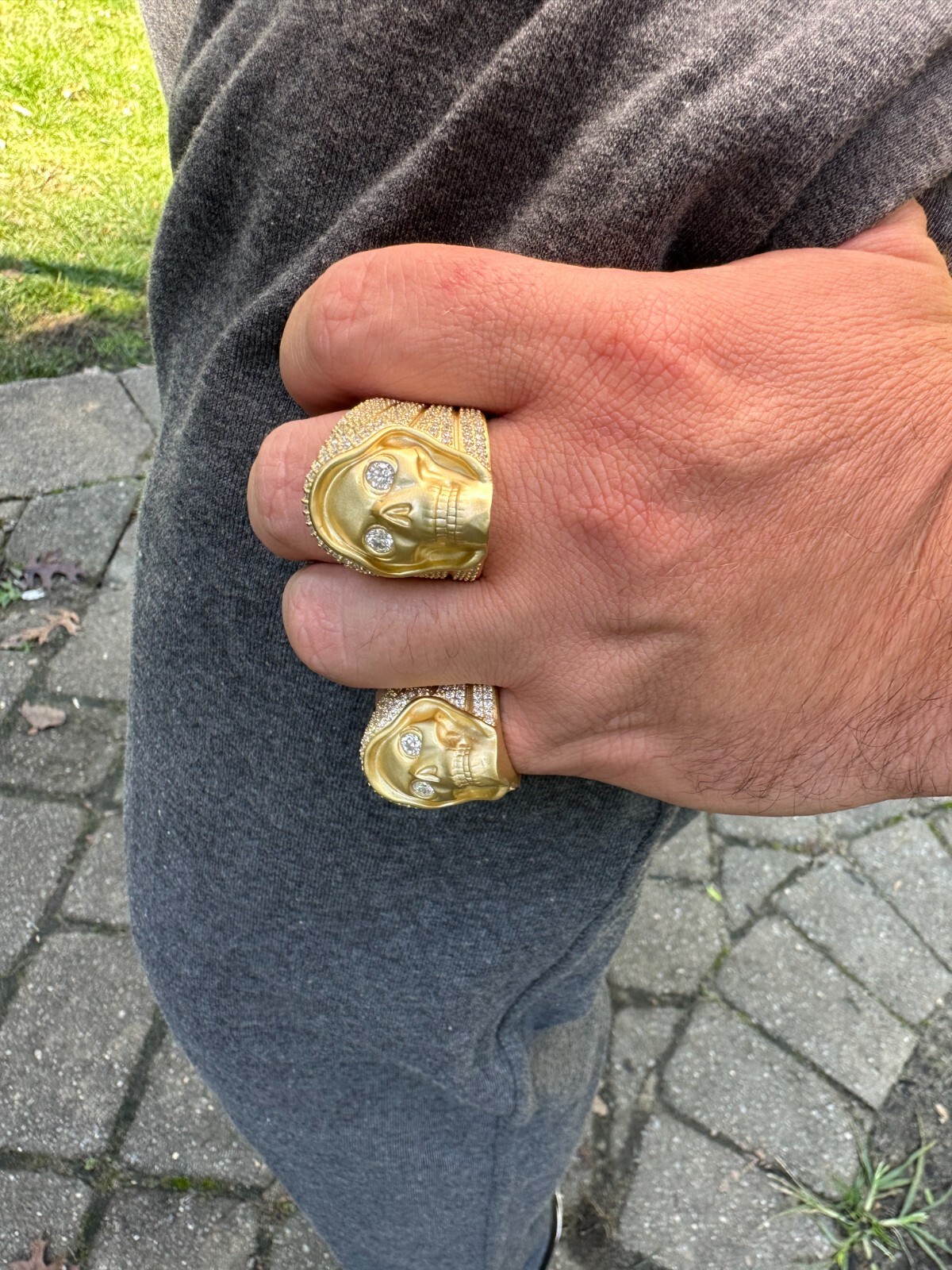 Pre-owned Silver Moissanite Iced Heavy Death Skull Ring Matte Real 14k Gold Over 925  In White