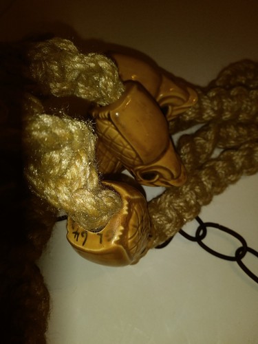 Vintage MACRAME Plant Hanger Boho Fiber Art MCM Ceramic Orange Owl Beads 60s 70s