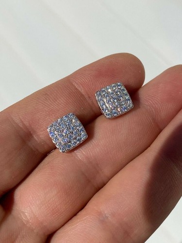 Pre-owned Silver 1.32ct Vvs Real Diamond Men's Solid 925  Iced Hip Hop Square Earrings 8mm In White
