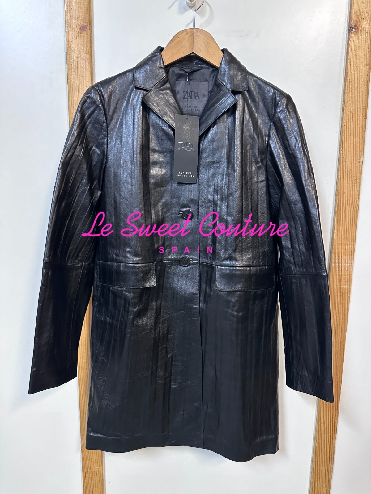 Pre-owned Zara Woman Fw24 Leather Coat With Crinkle Effect Zw Collection Black 3436/240