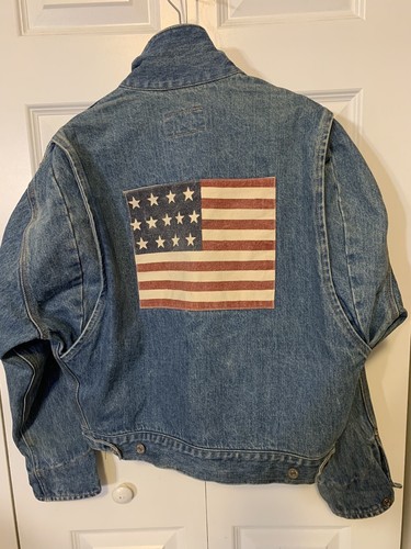 Vtg RALPH LAUREN Sz M Denim Jean Jacket Dungarees USA Flag Vtg RALPH LAUREN Sz M Denim Jean Jacket Dungarees USA Flag