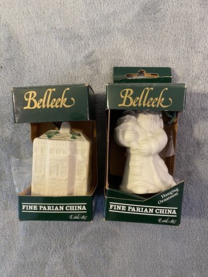 SET OF TWO Belleek 10th Edition Fine Parian China Irish Santa & Hazelwood House