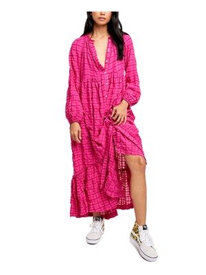 

FREE PEOPLE Женское розовое клетчатое платье-рубашка макси с длинным рукавом и круглым вырезом, Розовый