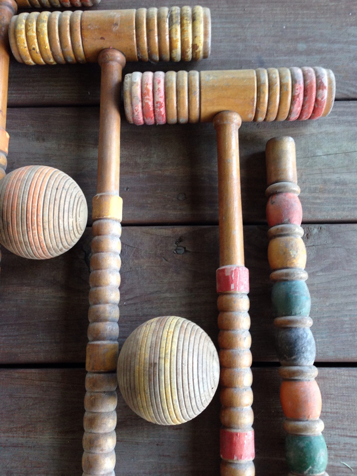 Vintage Wood Croquet Set ~ Balls, Mallets Spiraled Old Paint Primitive Man Cave