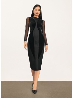 DONNA KARAN NEW YORK Womens Black Lined Long Mesh Sleeves Midi Sheath Dress 0