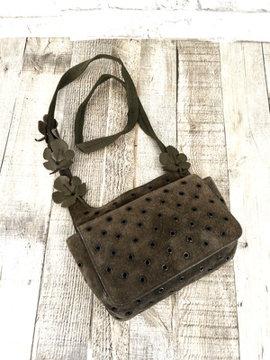 PRADA MINI Taupe BROWN SUEDE FLOWERS Grommets CROSS BODY # 25 ART: B9519 RARE!!