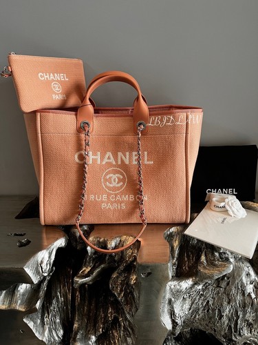 CHANEL 22C Orange Claire Beige Deauville Tote Peach Large