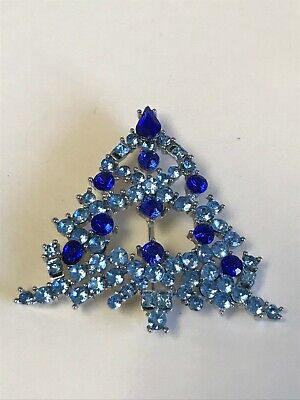 Estate Large Silvertone w Light & Dark Blue Rhinestones Christmas Tree Pin Brooc