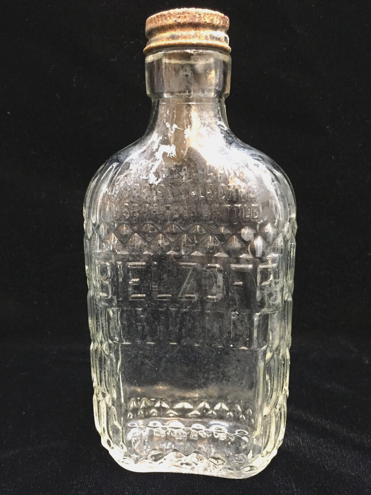 BIELZOFF Half Pint Bottle Clear Glass Embossed Vintage W/Cap 6 3/4