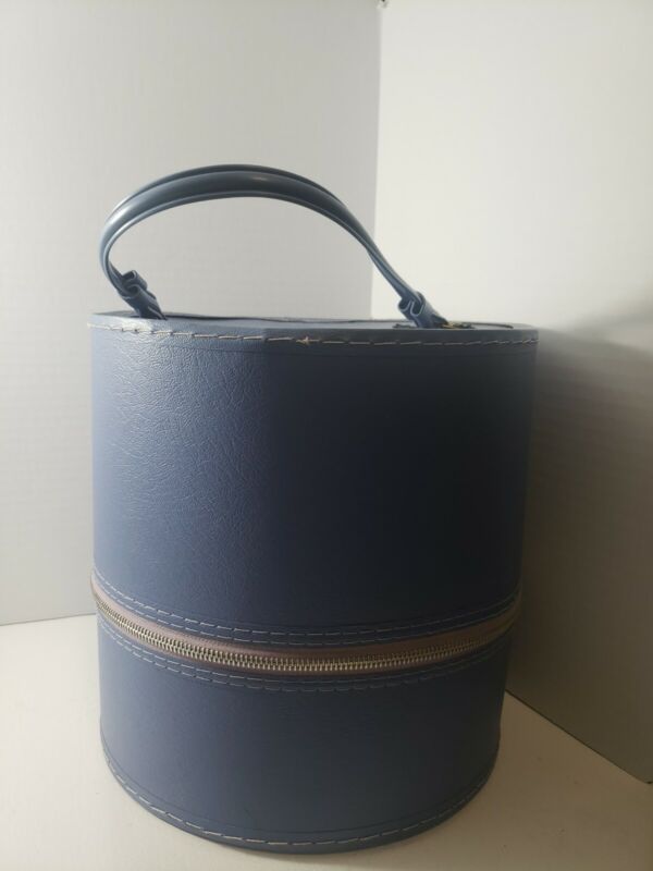 Vintage Travel Blue Hat box Luggage Hard  vinyl handle & zipper cylinder 10"×10"