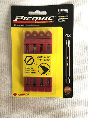 PICQUIC BITPAC SAE slotted bit set: 4 pc set - 5/32'' 3/16'' 1/4'' 9/32'' 