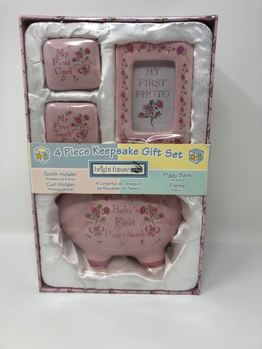 4 Piece Baby Girl Gift Set With Piggy Bank,First Curl, First Tooth,Photo Fram...