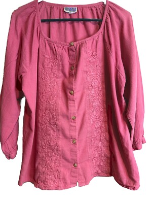 Eucalyptus Women's Blouse Pink Embroidered Front Scoop Neckline Medium